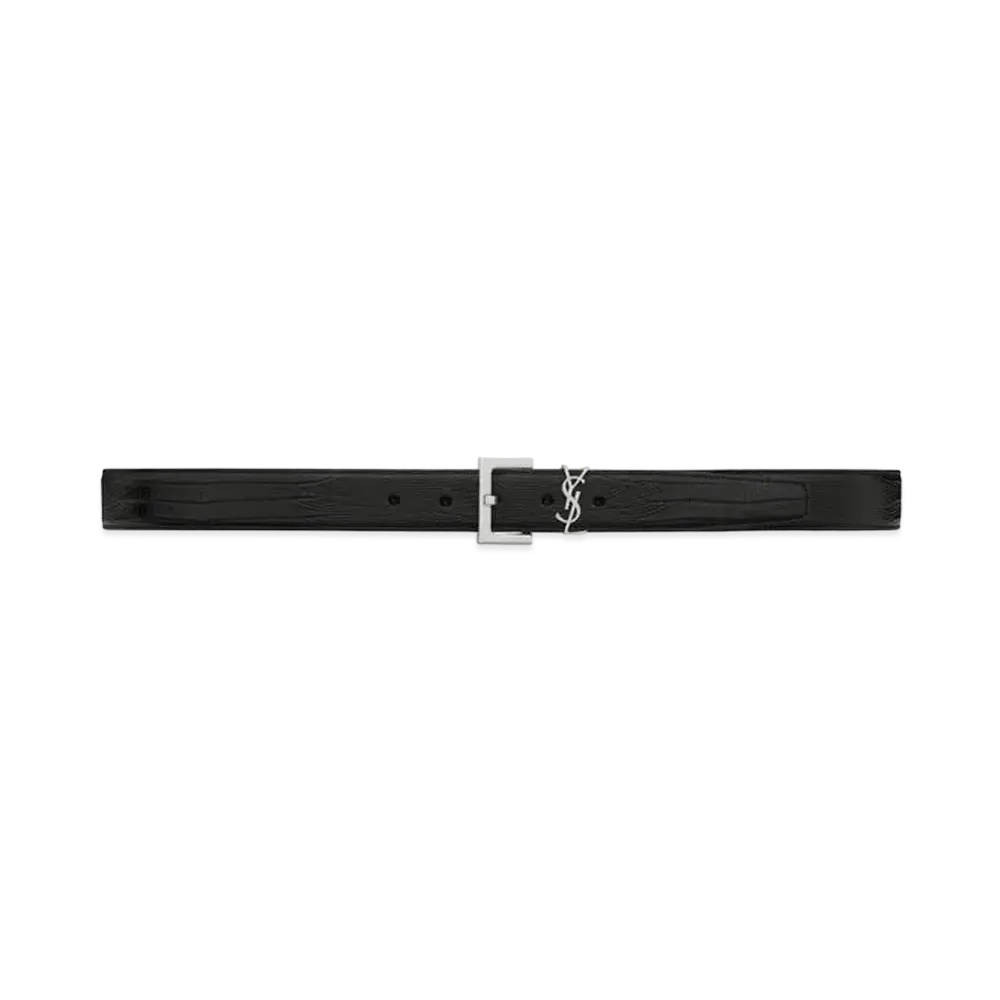 Saint Laurent Monogram Belt With Square Buckle In Lizard-Embossed Leather "Black"