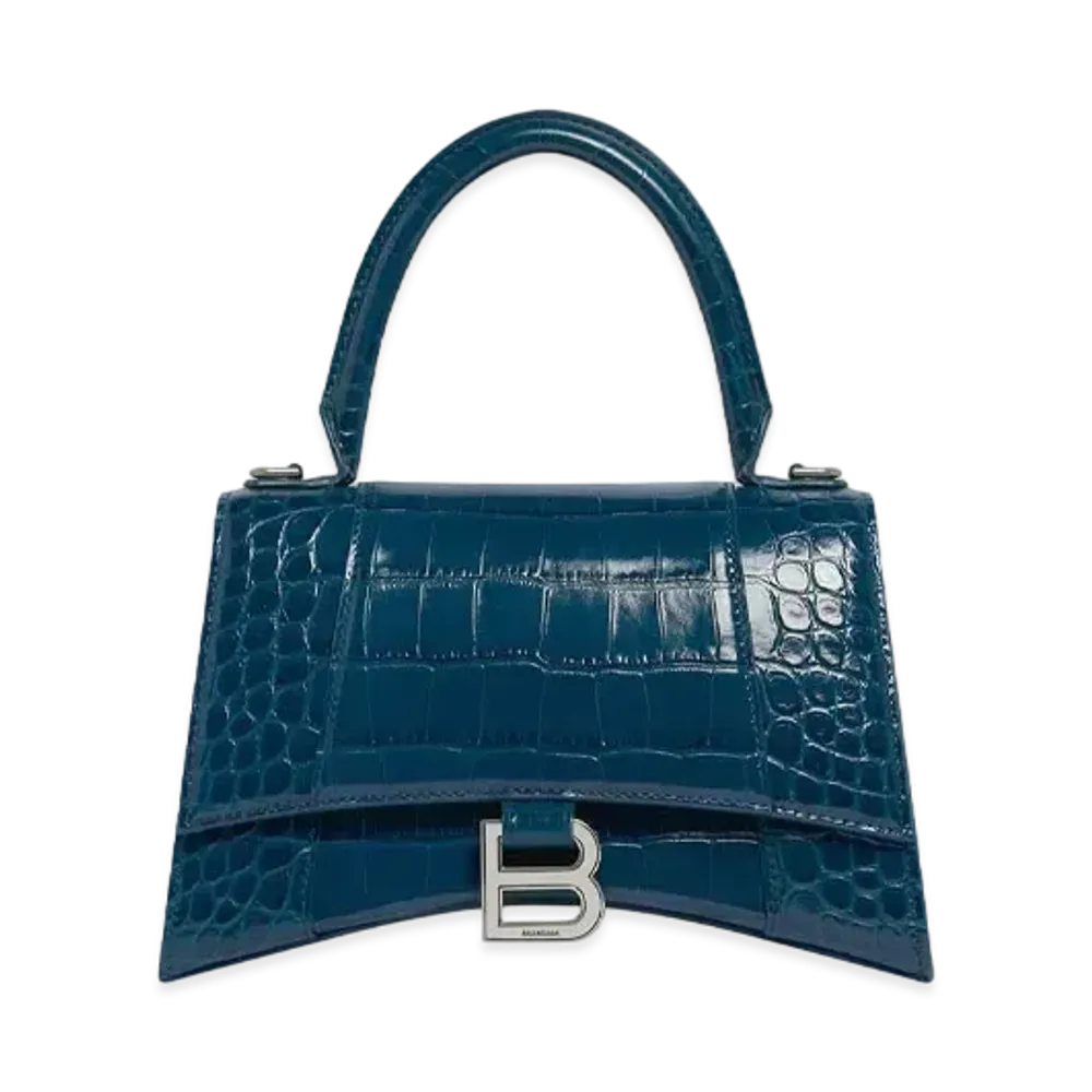 BALENCIAGA Hourglass Small Handbag In Shiny Crocodile Embossed Calfskin "Dark Blue"