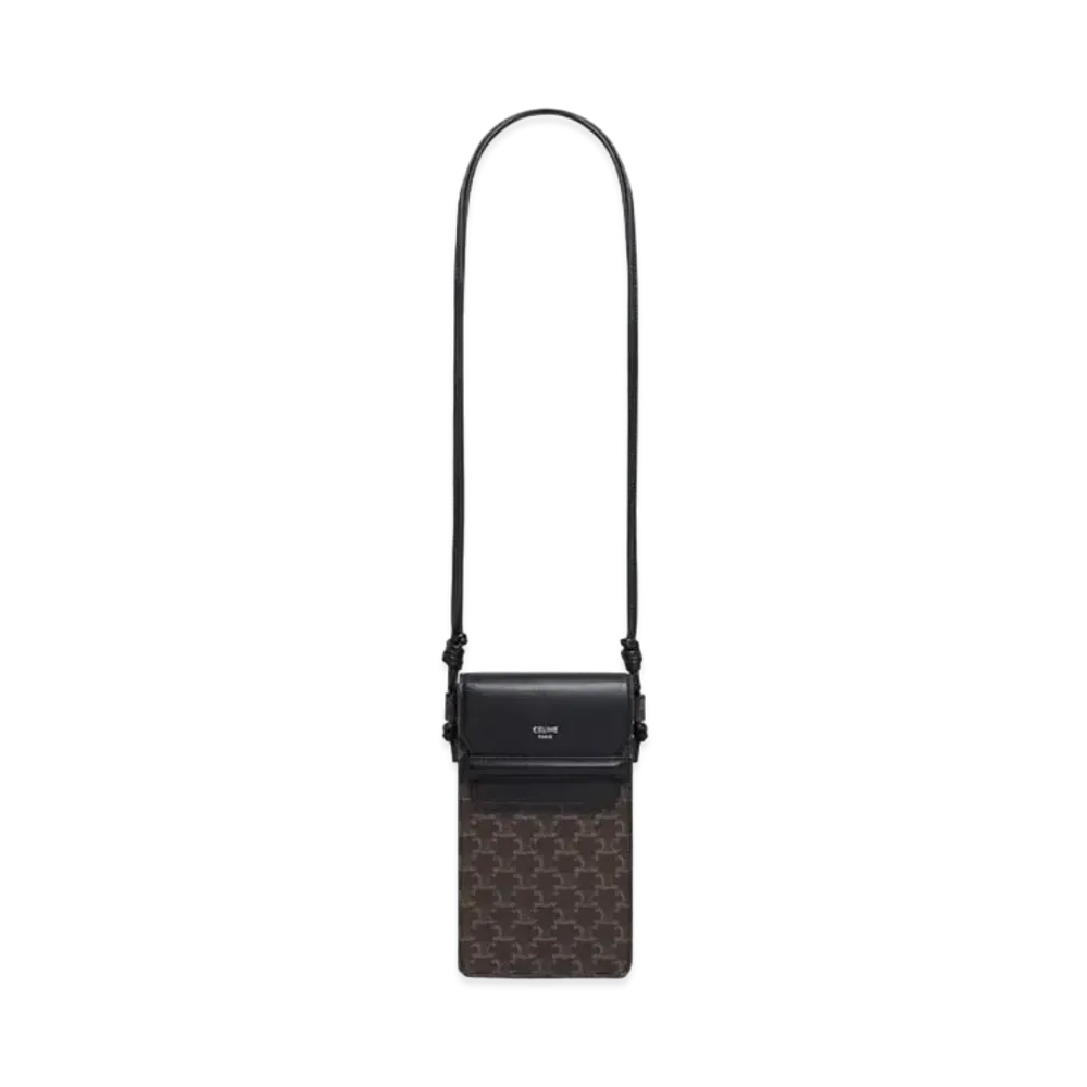 CELINE Phone Pouch With Flap In Triomphe Canvas And Lambskin "Black"