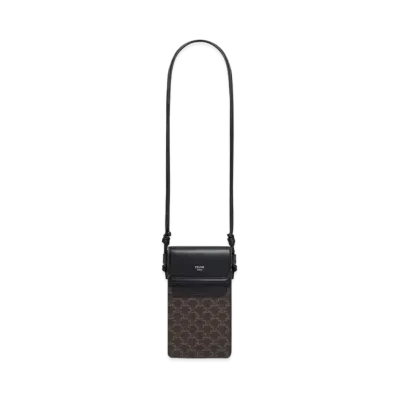 CELINE Phone Pouch With Flap In Triomphe Canvas And Lambskin "Black"
