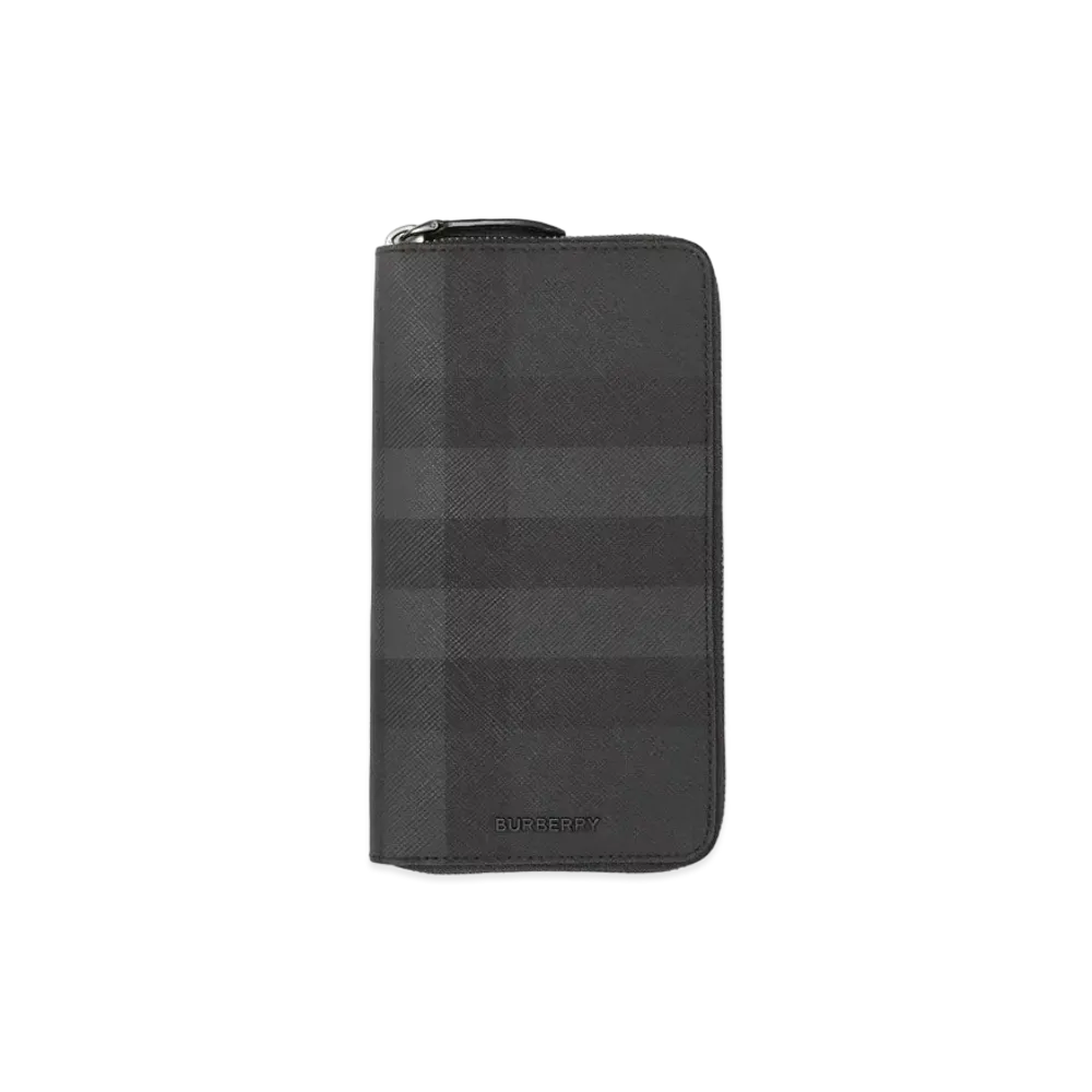 Burberry Check & Leather Round Zip Wallet "Charcoal"