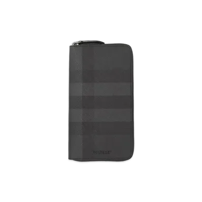 Burberry Check & Leather Round Zip Wallet "Charcoal"
