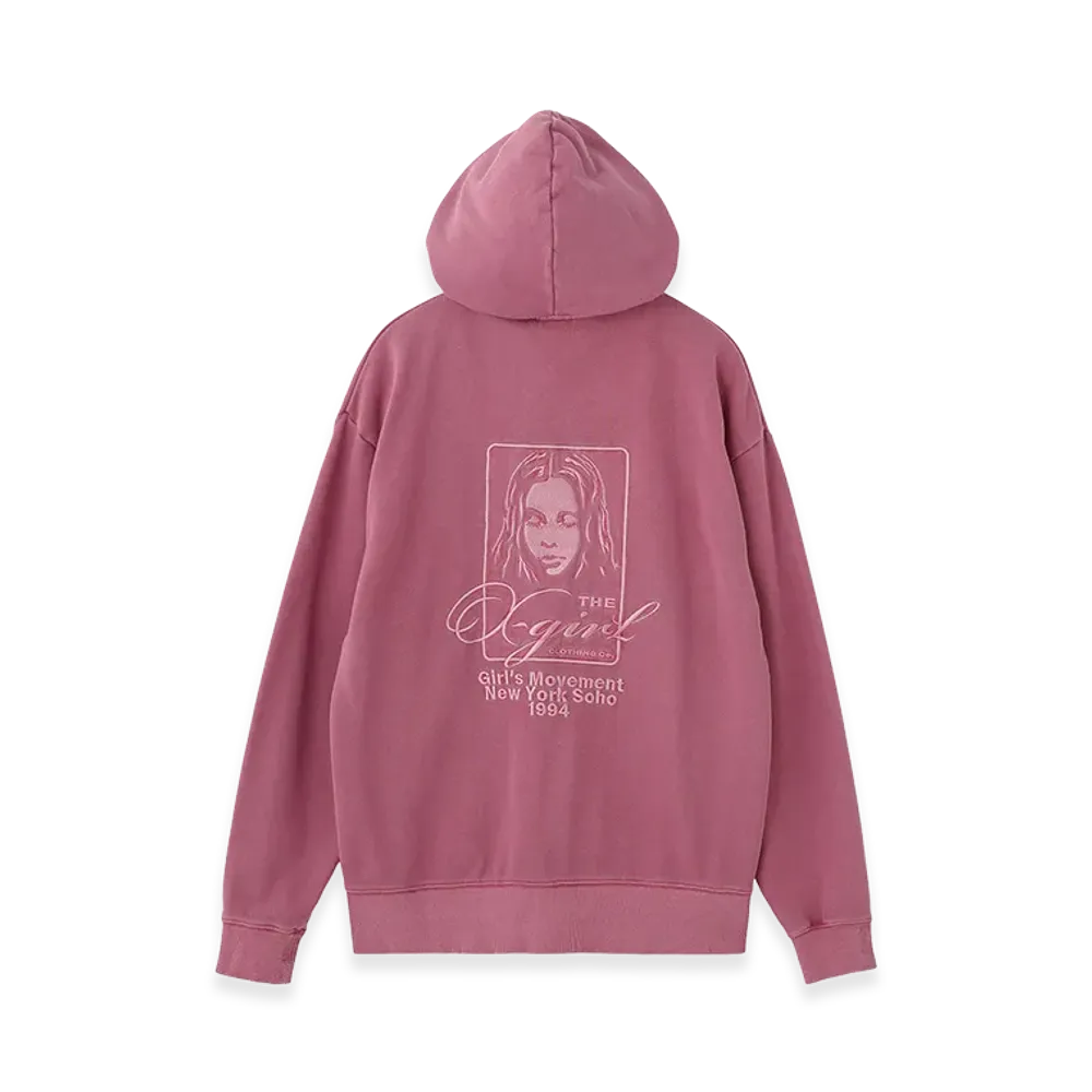X-Girl Women's Pigment Dyed Face And Logo Square Patch Zip Up Sweat Hoodie "Pink"