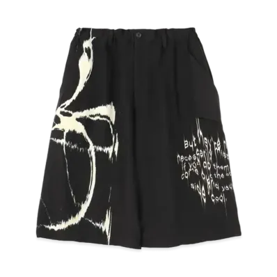 Yohji Yamamoto Pour Homme SILK SATIN LEFT NO FIXING MESSAGE PRINT HALF PANTS "Black"