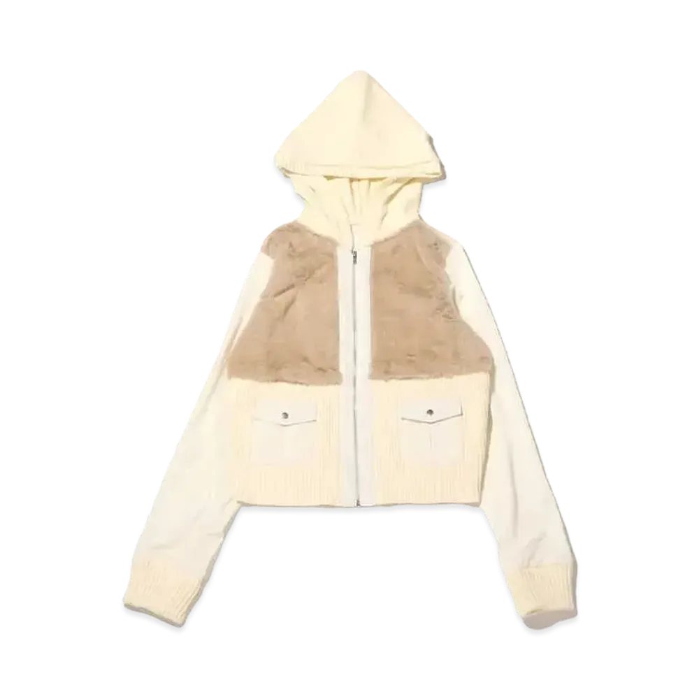 atmos pink Different Material Docking Fur Knit Cardigan "Ivory"
