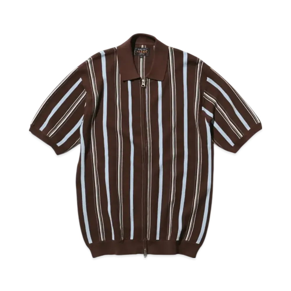 BEAMS Zip Knit Polo Stripe "Brown"
