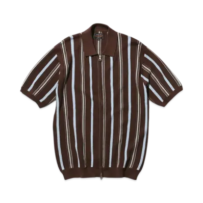 BEAMS Zip Knit Polo Stripe "Brown"