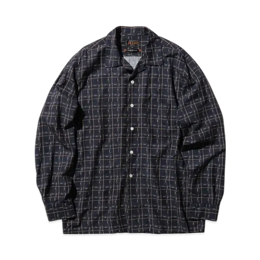 BEAMS Open Collar Cotton Rayon Print "Navy"