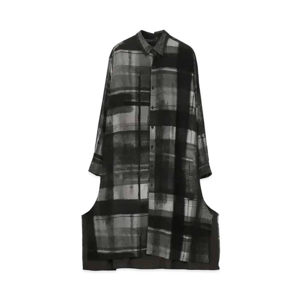 Yohji Yamamoto Y's LES ARTS GRAPHIQUES Ry/LAWN HANDWRITING CHECK PRINT CURVE SLIT BLOUSE "White/Black"