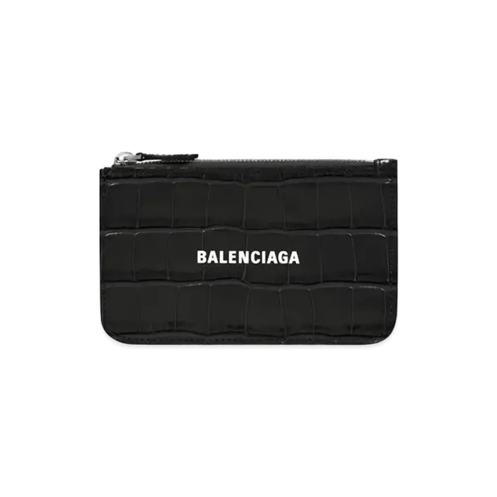 BALENCIAGA Cash Large Long Coin and Card Holder Shiny Crocodile Embossed Calfskin "Black/White"