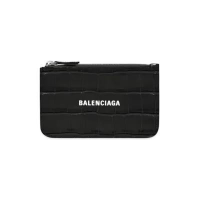BALENCIAGA Cash Large Long Coin and Card Holder Shiny Crocodile Embossed Calfskin "Black/White"