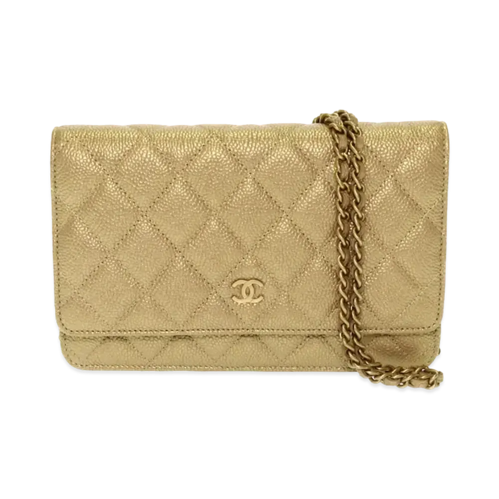 CHANEL Caviar Skin Matelasse Chain Wallet "Gold"
