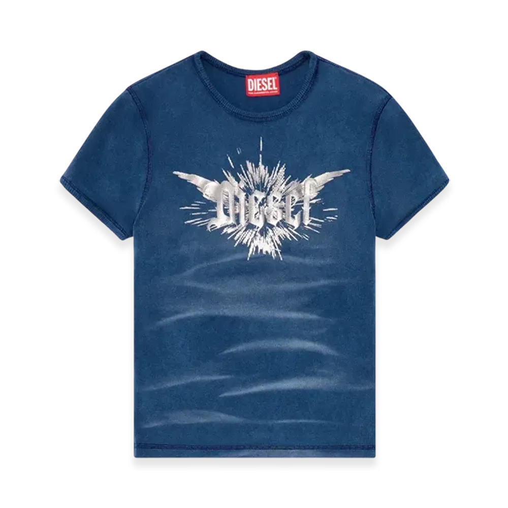 Diesel T-Ele-Long-P2 T-Shirt With Winged Diesel Foil Print "Blue"