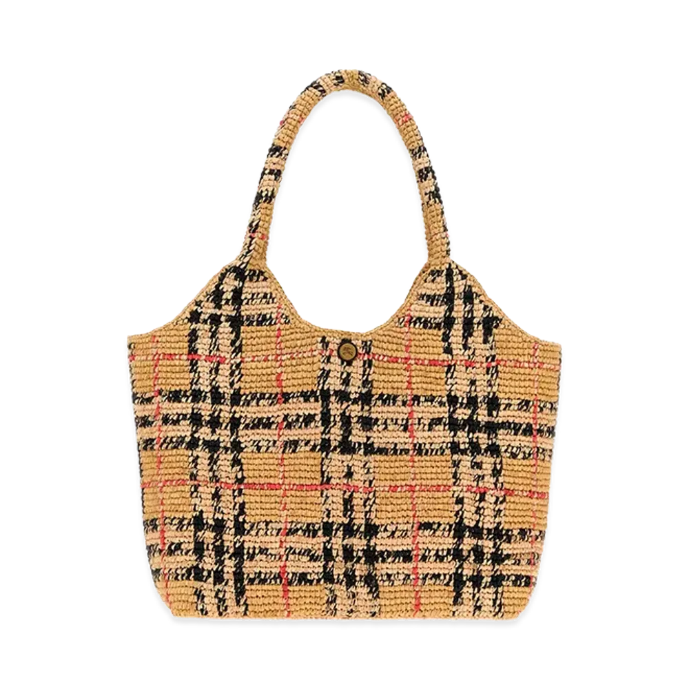 Burberry Women's Embroidered Raffia Small Margrate Shopping Bag "Checked"