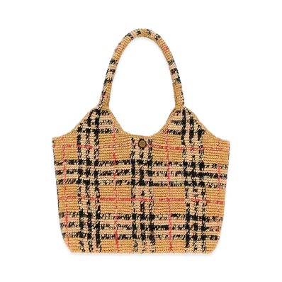 Burberry Women's Embroidered Raffia Small Margrate Shopping Bag "Checked"