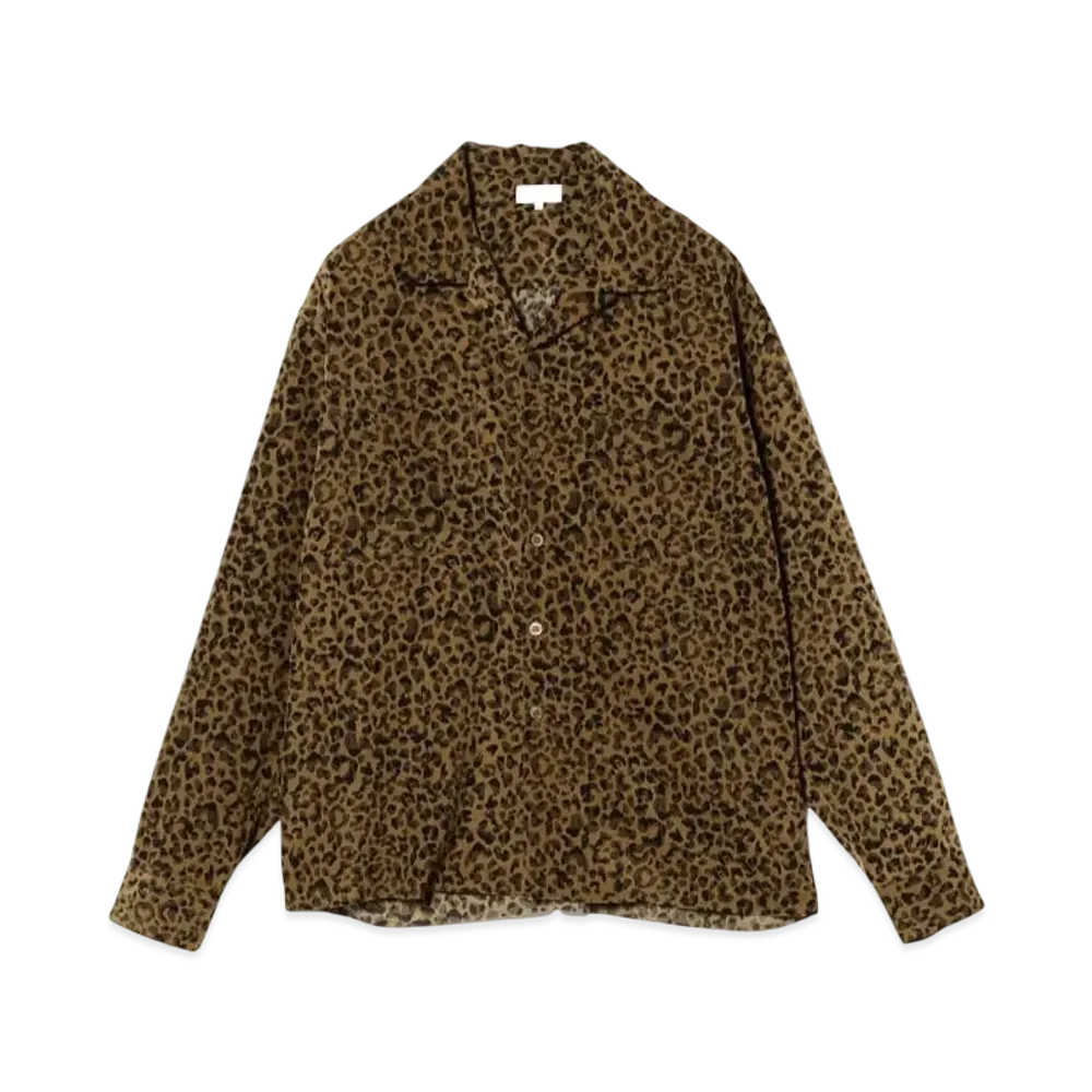 BEAMS Animal Print Cut-Off Open Collar Shirt "Brown"