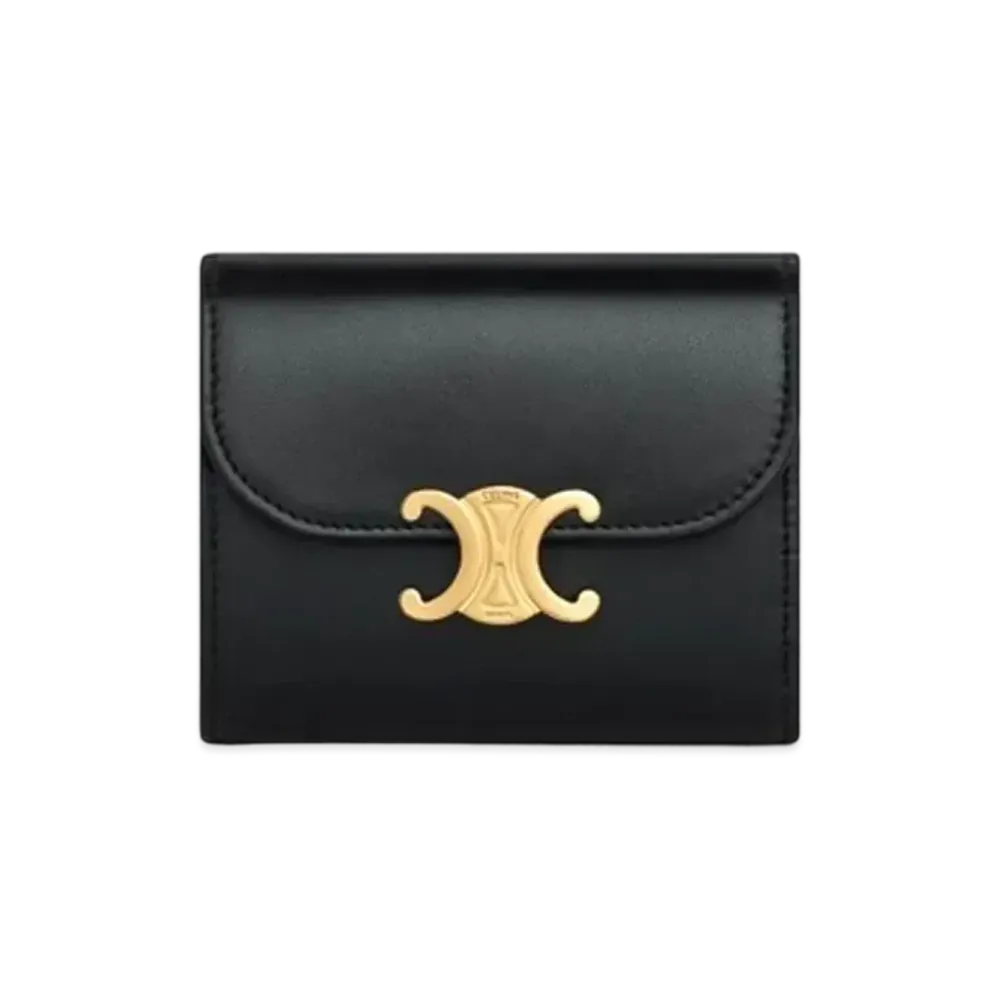 CELINE Triomphe Small Flap Wallet In Shiny Calfskin "Black"