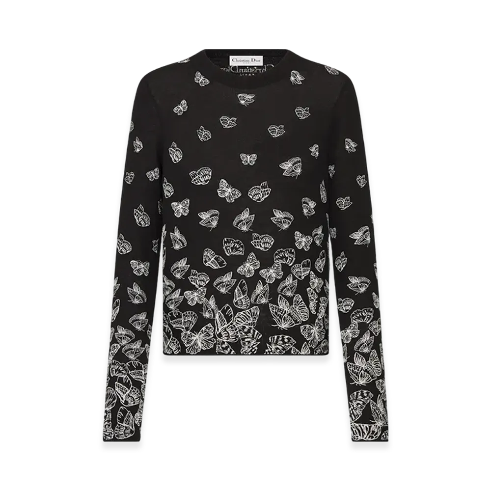 Dior Women's Sweater Wool Cashmere Knit Gradient Butterflies Motif "Black"