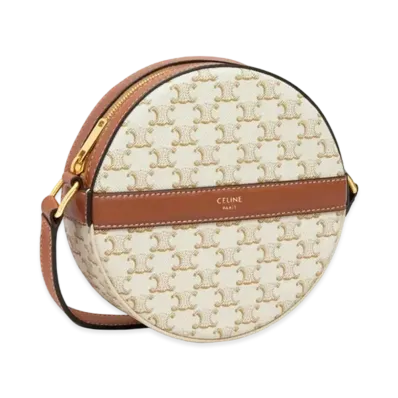 CELINE Round Purse On Strap In Triomphe Canvas And Lambskin "White/Tan"
