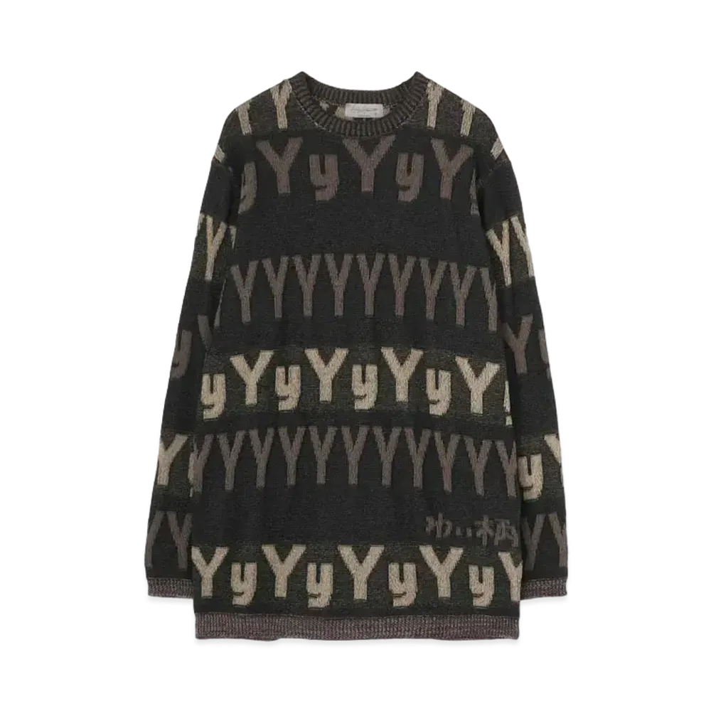 Yohji Yamamoto Pour Homme 7G PLATING ROUND NECK CHARACTER PATTERN LONG SLEEVES "Gray"
