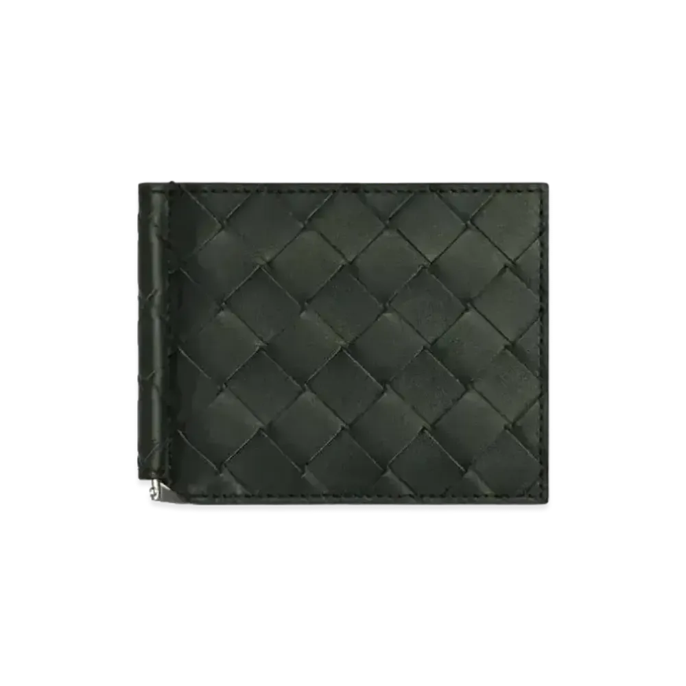 Bottega Veneta Intrecciato Calfskin Bi-fold Wallet With Money Clip "Dark Green"