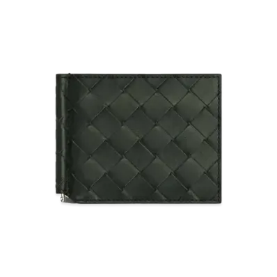 Bottega Veneta Intrecciato Calfskin Bi-fold Wallet With Money Clip "Dark Green"