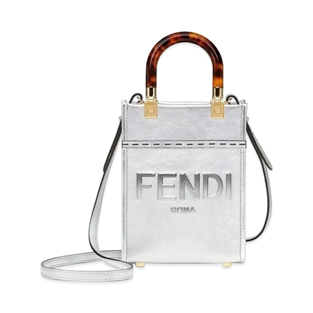 FENDI Sunshine Shopper Small Laminate Leather Shopper "Silver"