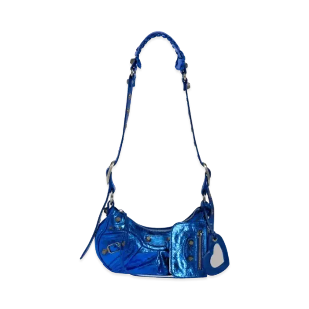 BALENCIAGA Le Cagole XS Shoulder Bag In Metallized Arena Lambskin "Dark Blue"