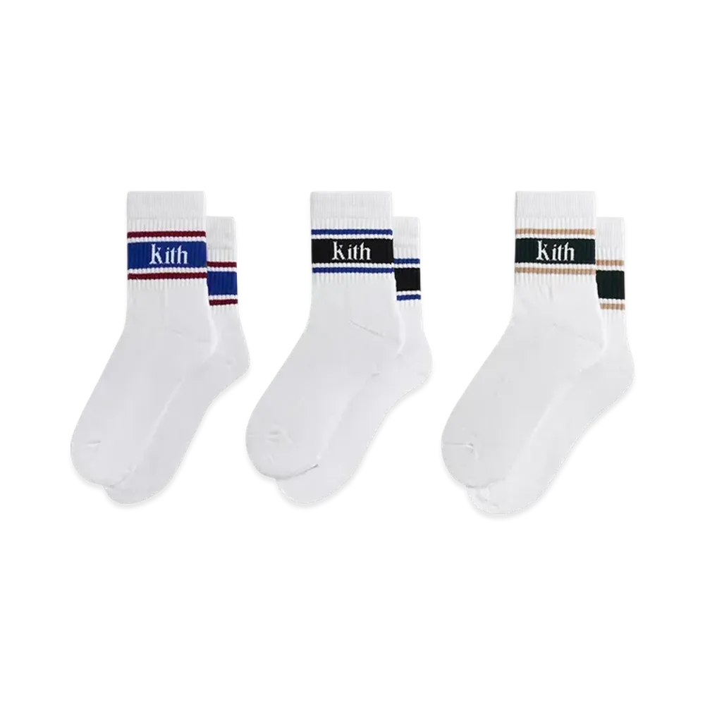 Kith 3-Pack Variegated Striped Mid Crew Socks "White"