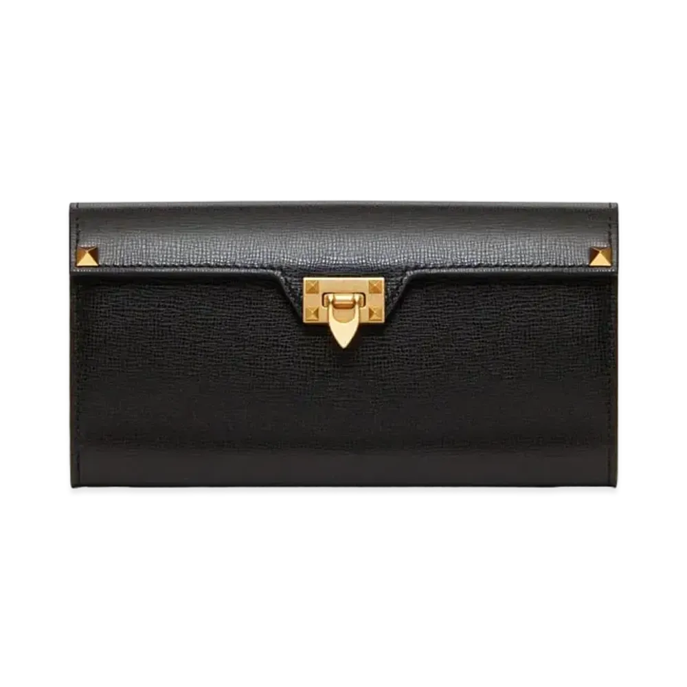 Valentino Rockstud Alcove Wallet In Grainy Calfskin Leather "Black"