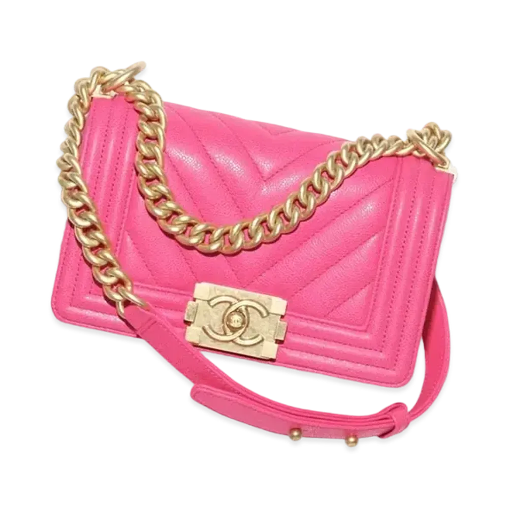 CHANEL Small Boy Chanel Handbag Grained Shiny Calfskin & Gold Tone Metal "Fuchsia"