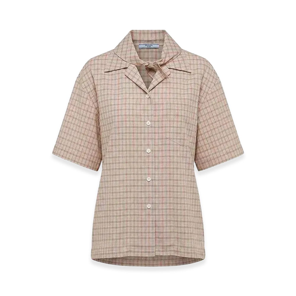 PRADA Women's Madras Print Short Sleeve Shirt "Beige"