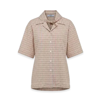 PRADA Women's Madras Print Short Sleeve Shirt "Beige"