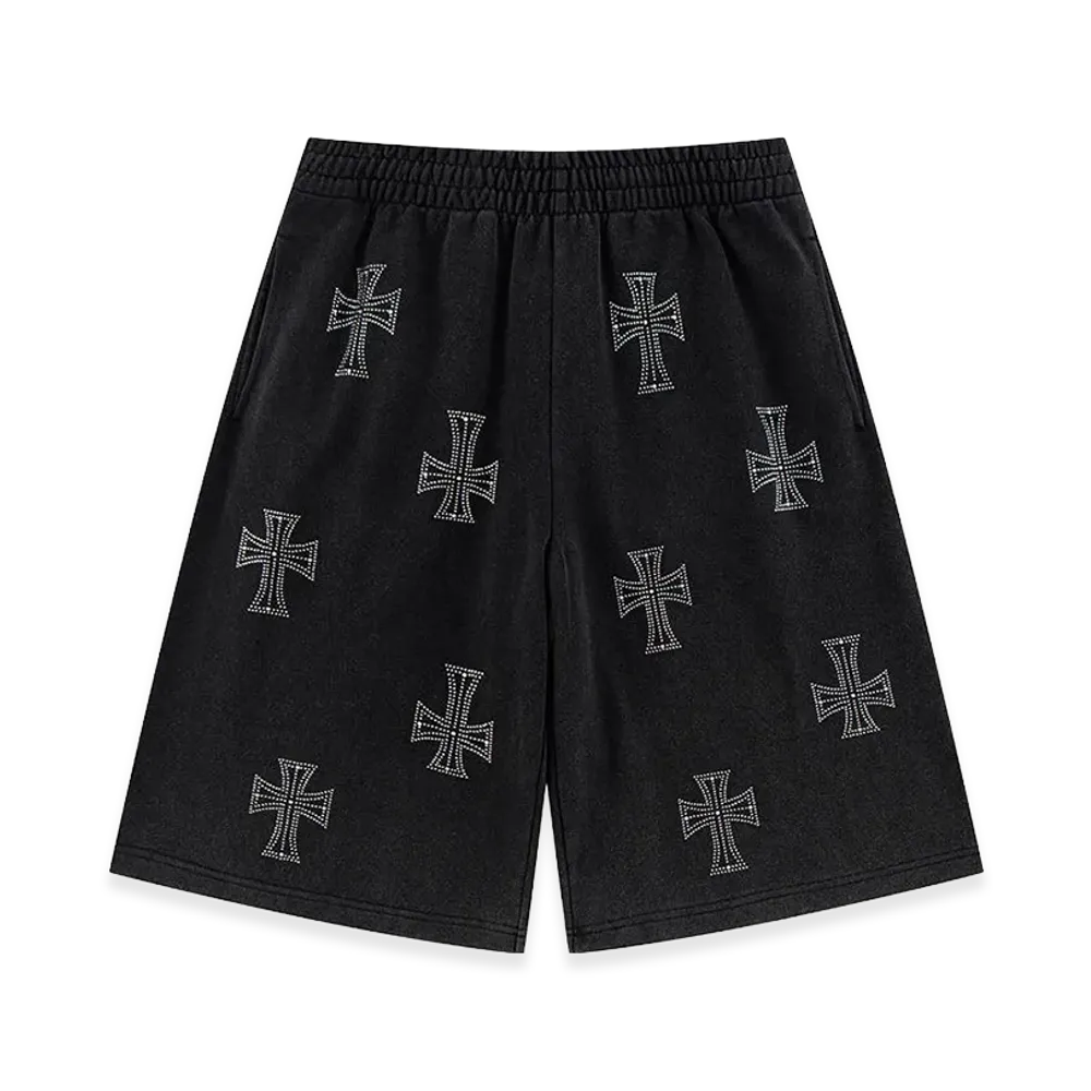 Unknown London Outline Cross Rhinestone Baggy Sweat Shorts "Black"