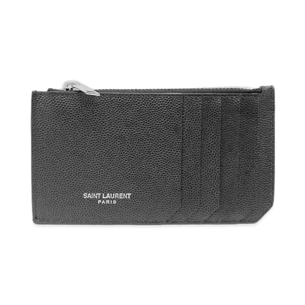 Saint Laurent Fragments Zipped Card Case In Grain De Poudre Embossed Leather "Black"
