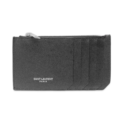 Saint Laurent Fragments Zipped Card Case In Grain De Poudre Embossed Leather "Black"