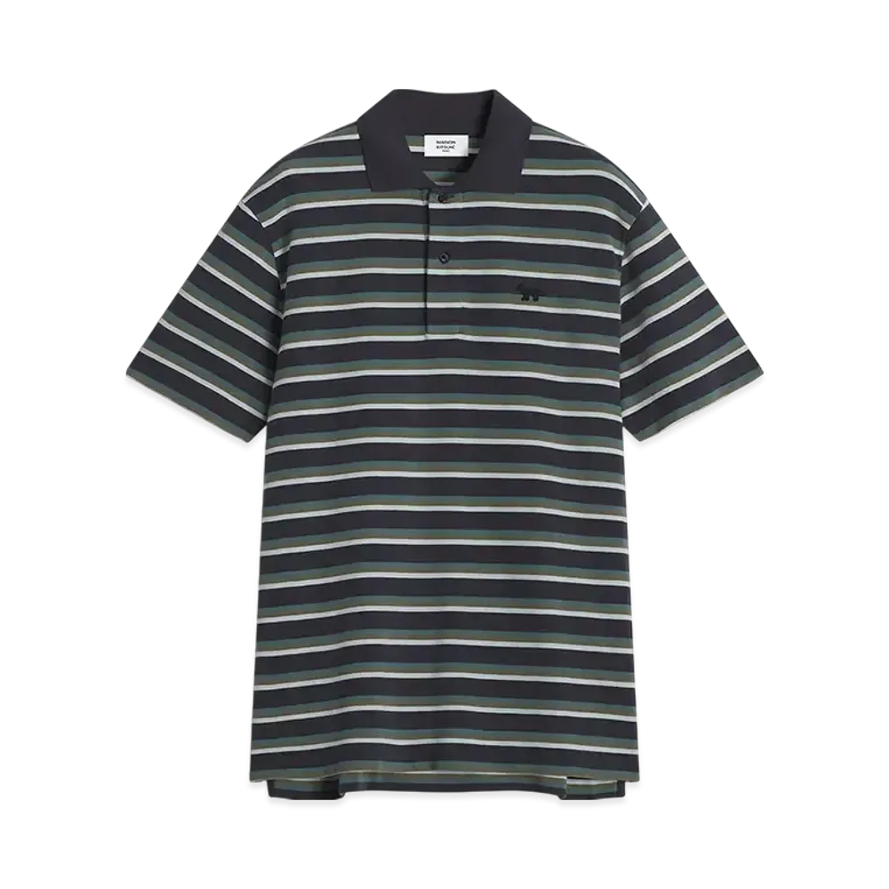 Maison Kitsune Profile Fox Patch Tricolor Stripe Polo "Ink Blue"