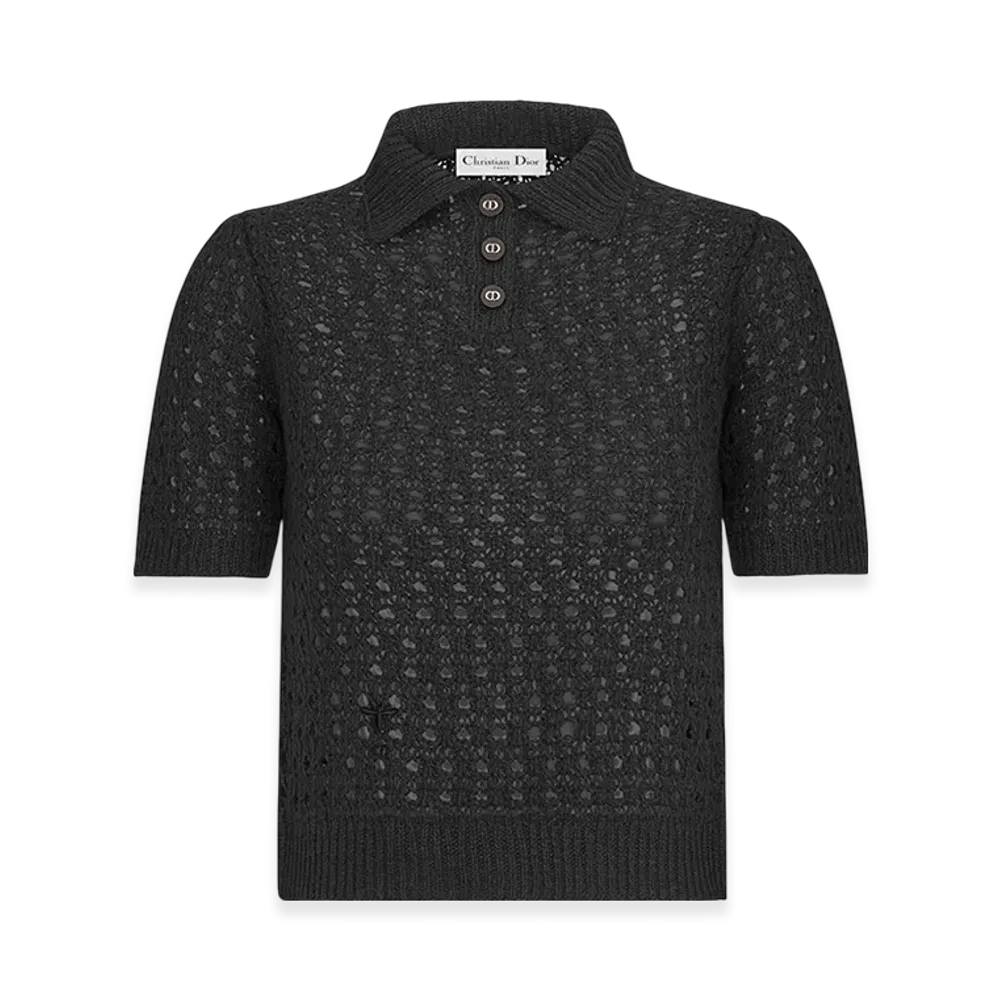 Dior Women's Macrocannage Polo Shirt Alpaca Cashmere Silk Openwork Knit "Black"