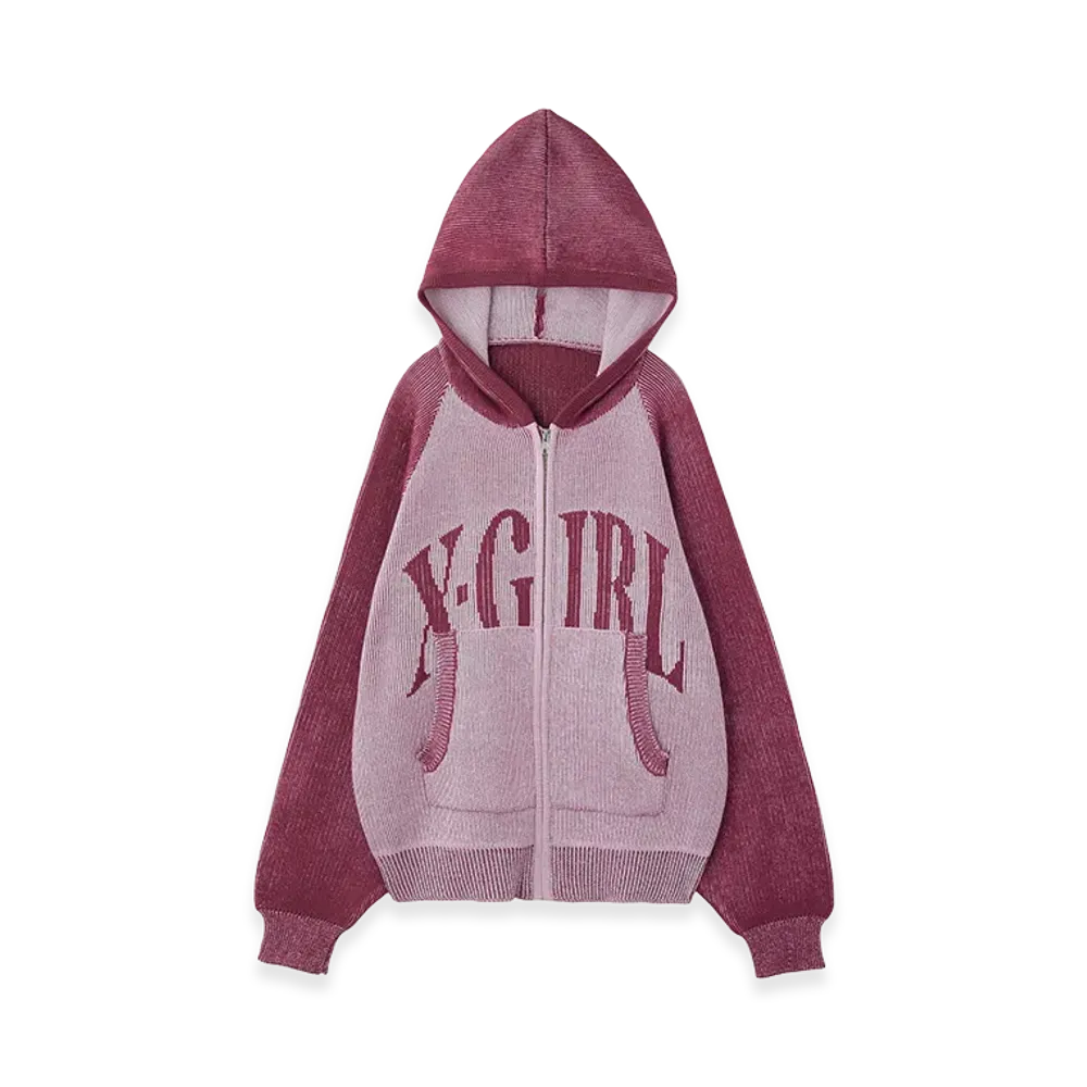 X-Girl Women's Logo Jacquard Zip Up Knit Hoodie "Pink"