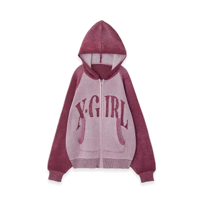 X-Girl Women's Logo Jacquard Zip Up Knit Hoodie "Pink"