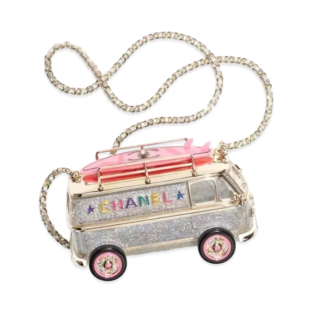 CHANEL Mini Van Minaudiere Plexi Enamel Strass & Gold Tone Metal "Silver/Gold/Pink"