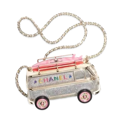 CHANEL Mini Van Minaudiere Plexi Enamel Strass & Gold Tone Metal "Silver/Gold/Pink"