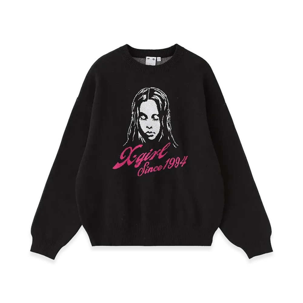 X-Girl Women's Cursive Logo And Face Jacquard Knit Top "Black"