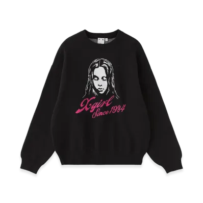 X-Girl Women's Cursive Logo And Face Jacquard Knit Top "Black"
