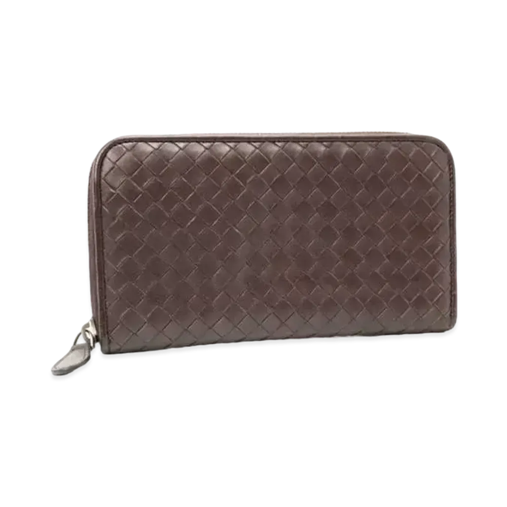 Bottega Veneta Intrecciato Calfskin Zip Around Wallet "Ebano"
