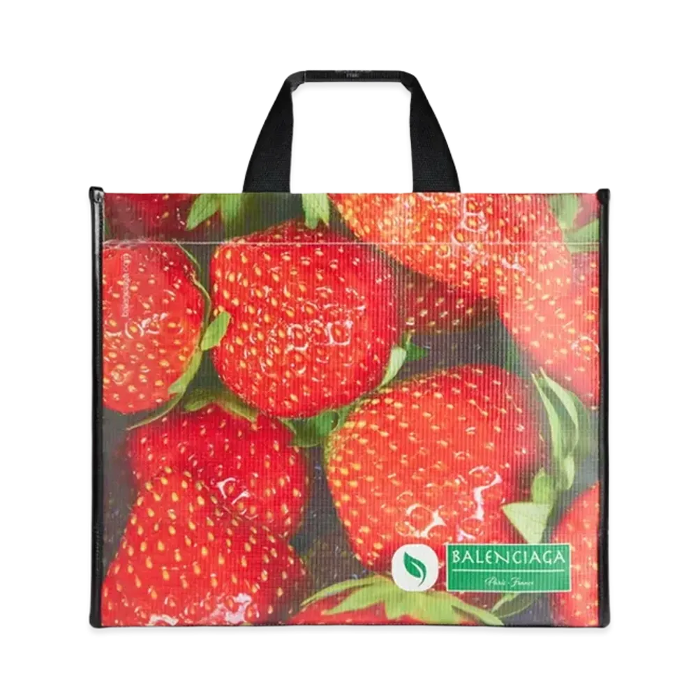 BALENCIAGA Antwerp Medium Tote Bag In Veggie and Strawberry Printed Mesh Nappa Calfskin "Black"