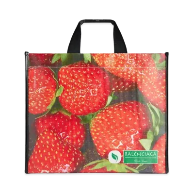 BALENCIAGA Antwerp Medium Tote Bag In Veggie and Strawberry Printed Mesh Nappa Calfskin "Black"