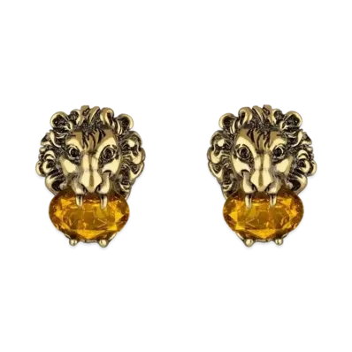 GUCCI Lion Head Earrings with Crystals "Gold"