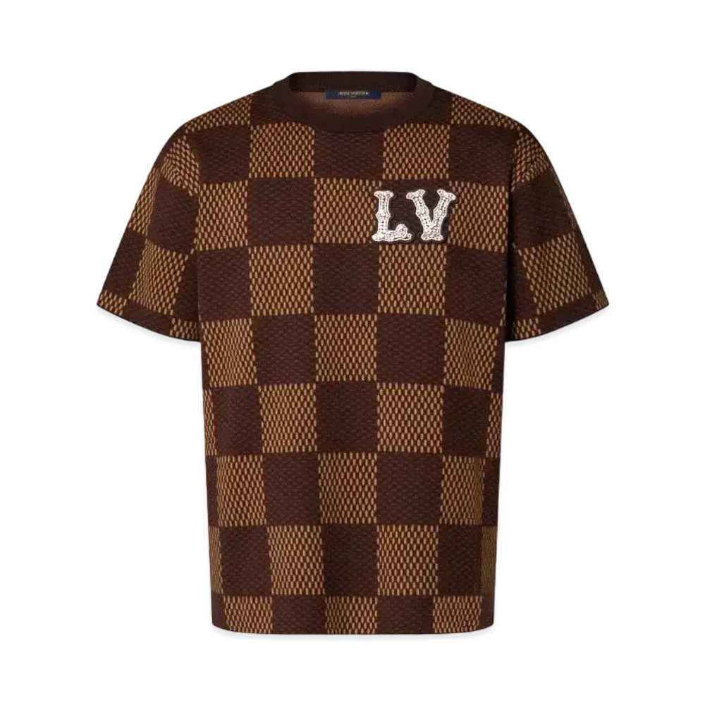 Louis Vuitton Short Sleeved Cotton Damier Crewneck with Crystal LV Patch "Brown"