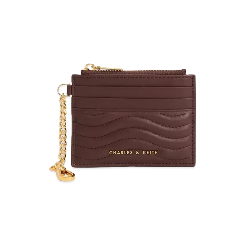 CHARLES & KEITH Obriel Stitch Trim Zip Card Holder "DarkChocolate"